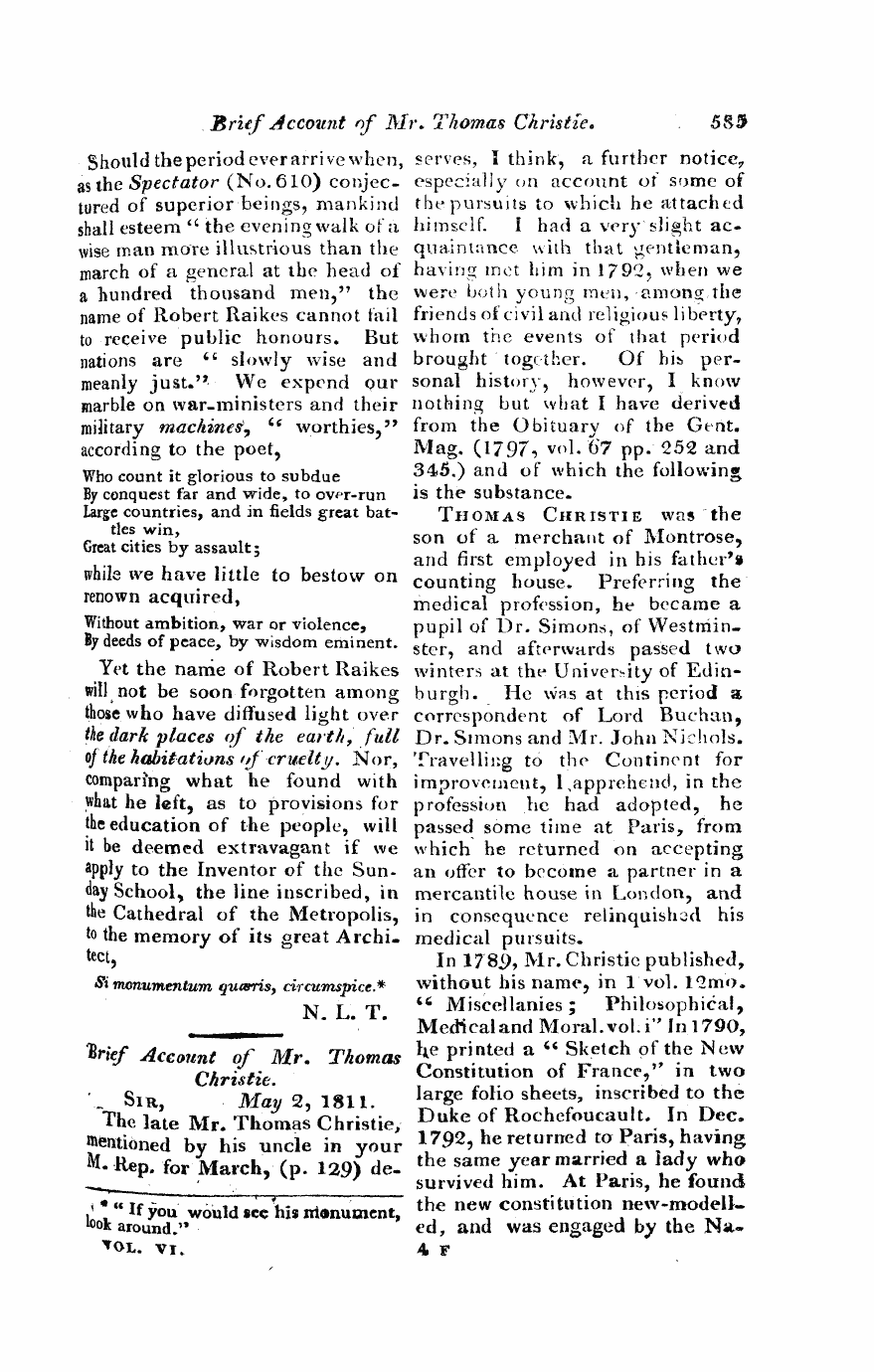 Monthly Repository (1806-1838) and Unitarian Chronicle (1832-1833): F Y, 1st edition - Untitled Article