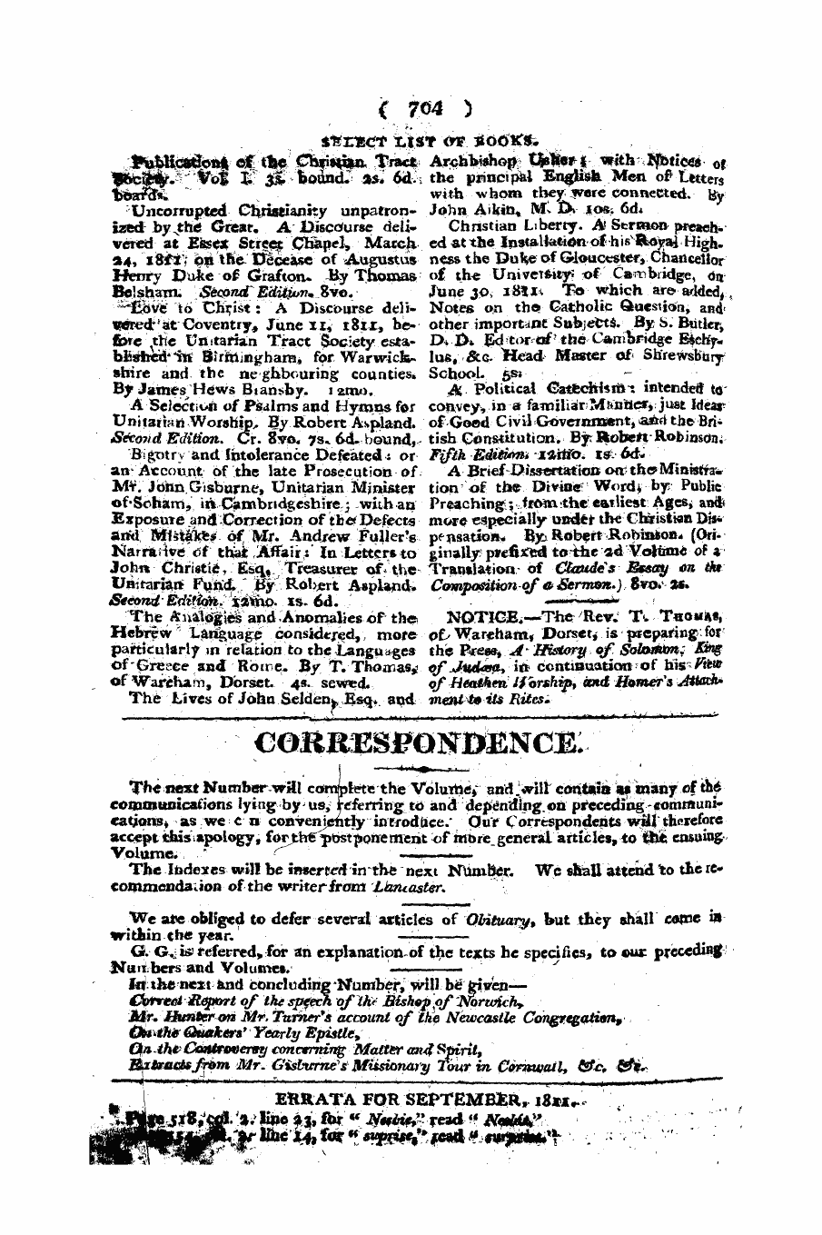 Monthly Repository (1806-1838) and Unitarian Chronicle (1832-1833): F Y, 1st edition: 62