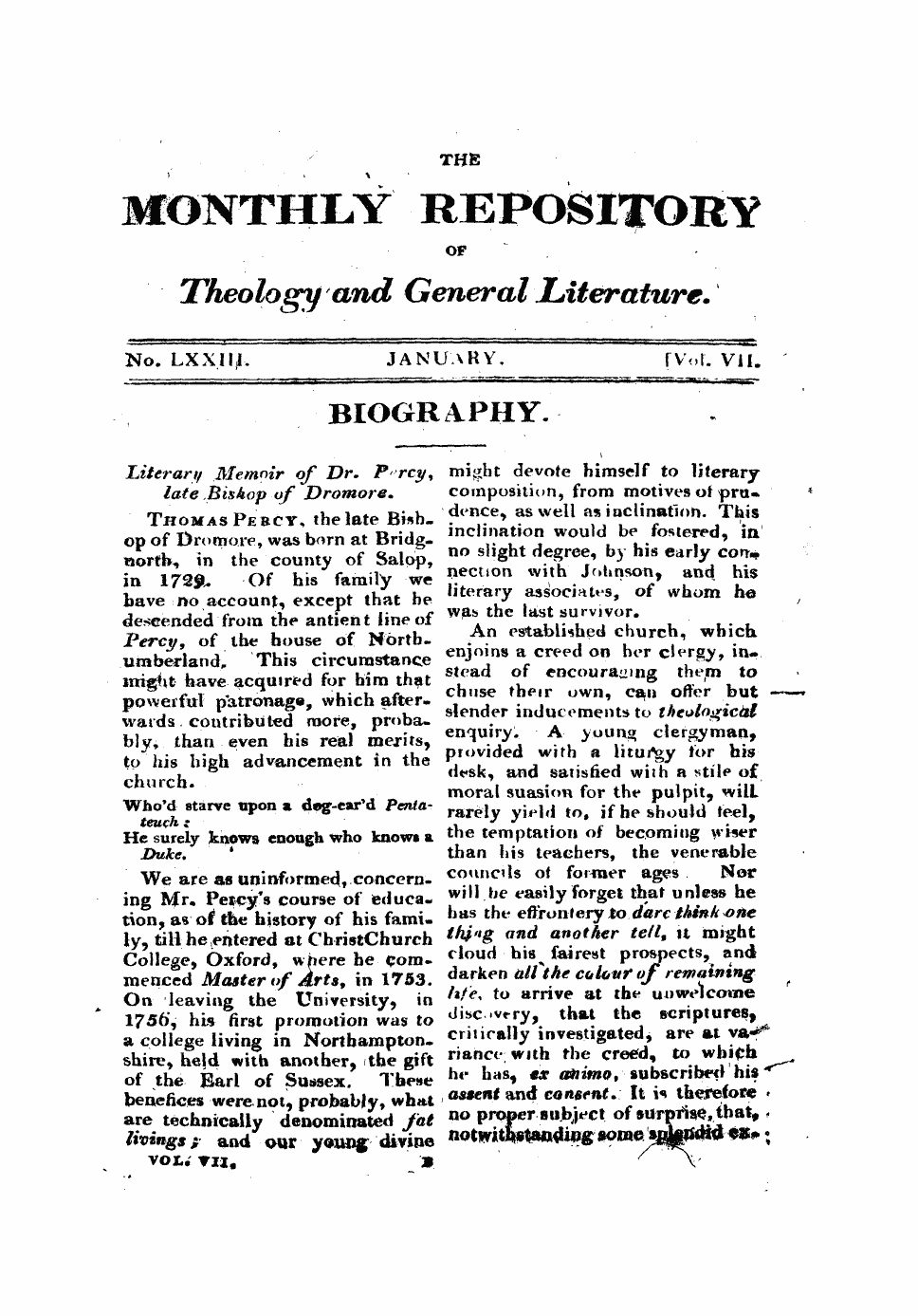 Monthly Repository (1806-1838) and Unitarian Chronicle (1832-1833): F Y, 1st edition - Untitled Article