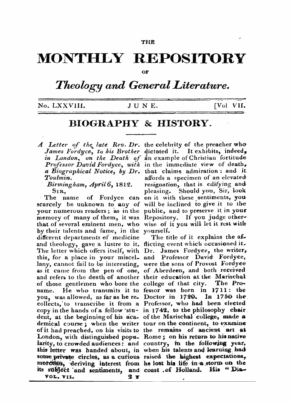 Monthly Repository (1806-1838) and Unitarian Chronicle (1832-1833): F Y, 1st edition: 1
