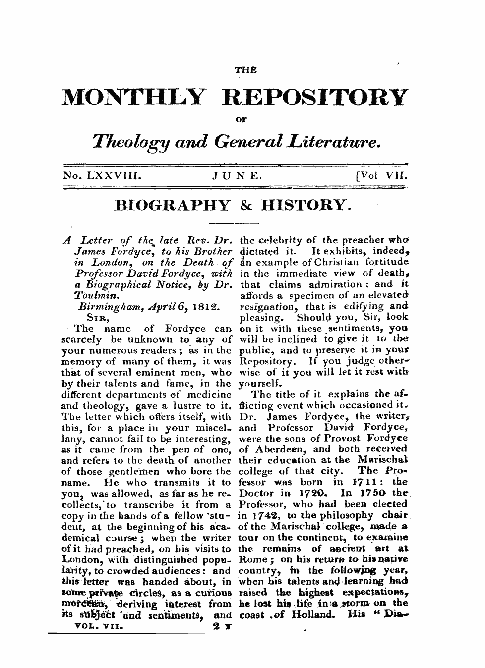 Monthly Repository (1806-1838) and Unitarian Chronicle (1832-1833): F Y, 1st edition - Untitled Article