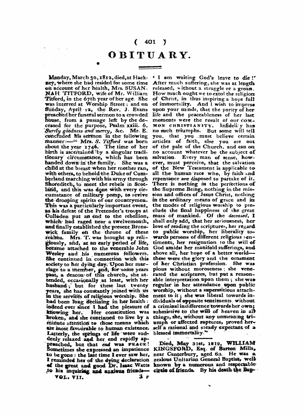 Monthly Repository (1806-1838) and Unitarian Chronicle (1832-1833): F Y, 1st edition - Obituary.