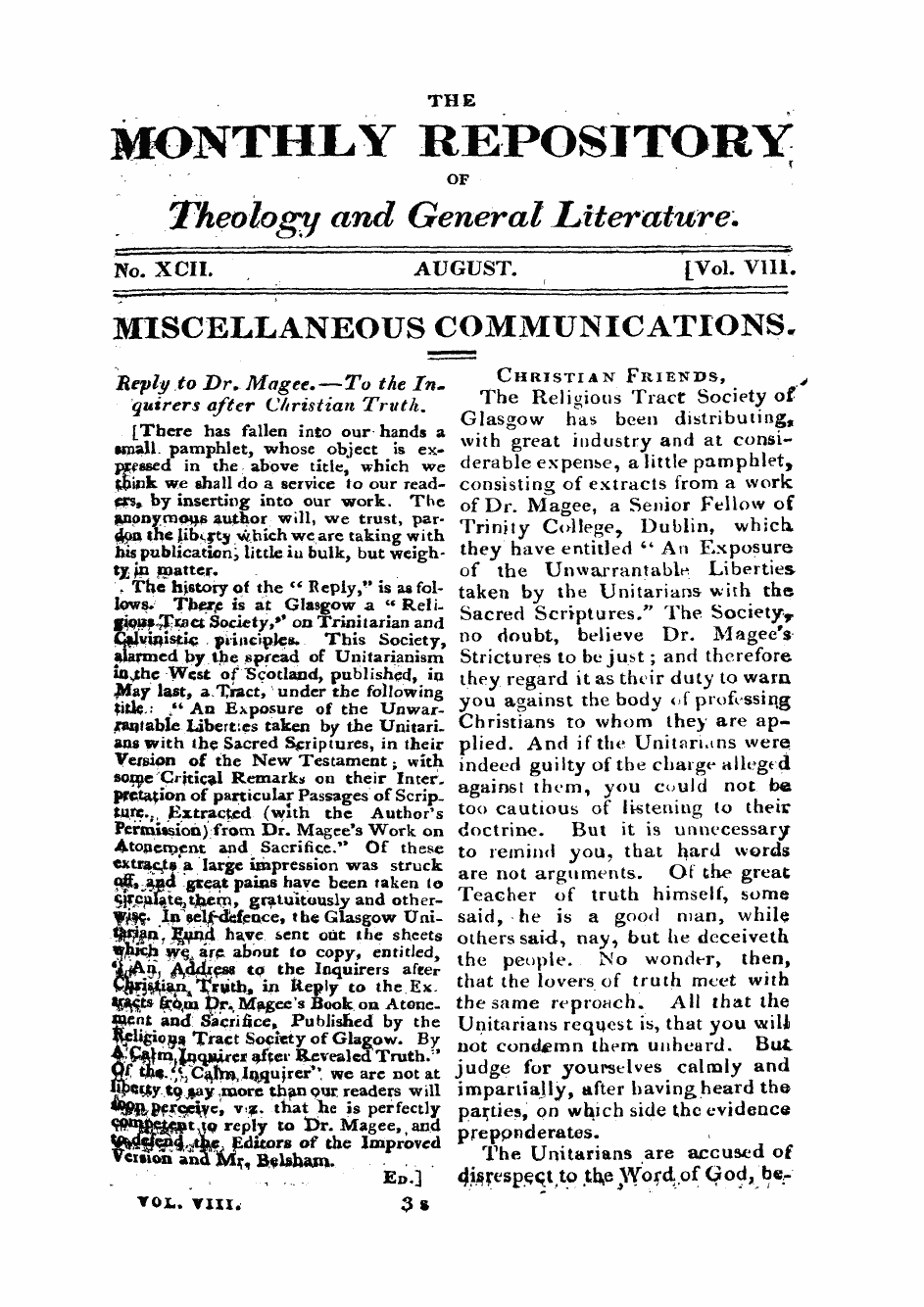 Monthly Repository (1806-1838) and Unitarian Chronicle (1832-1833): F Y, 1st edition - Miscellaneous Communications.