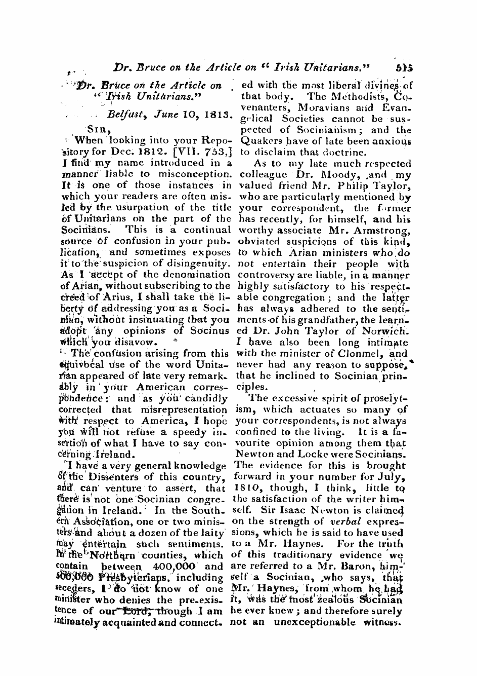 Monthly Repository (1806-1838) and Unitarian Chronicle (1832-1833): F Y, 1st edition - Untitled Article