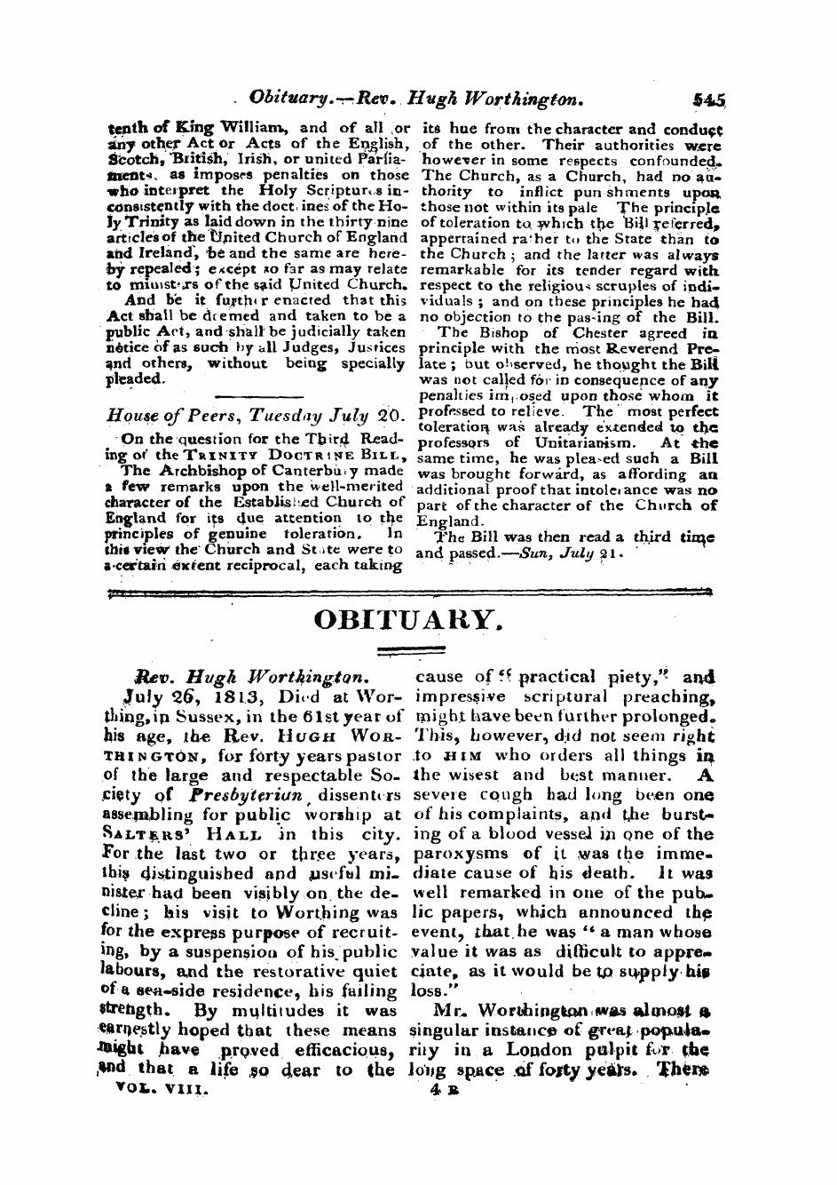 Monthly Repository (1806-1838) and Unitarian Chronicle (1832-1833): F Y, 1st edition - Obituary.