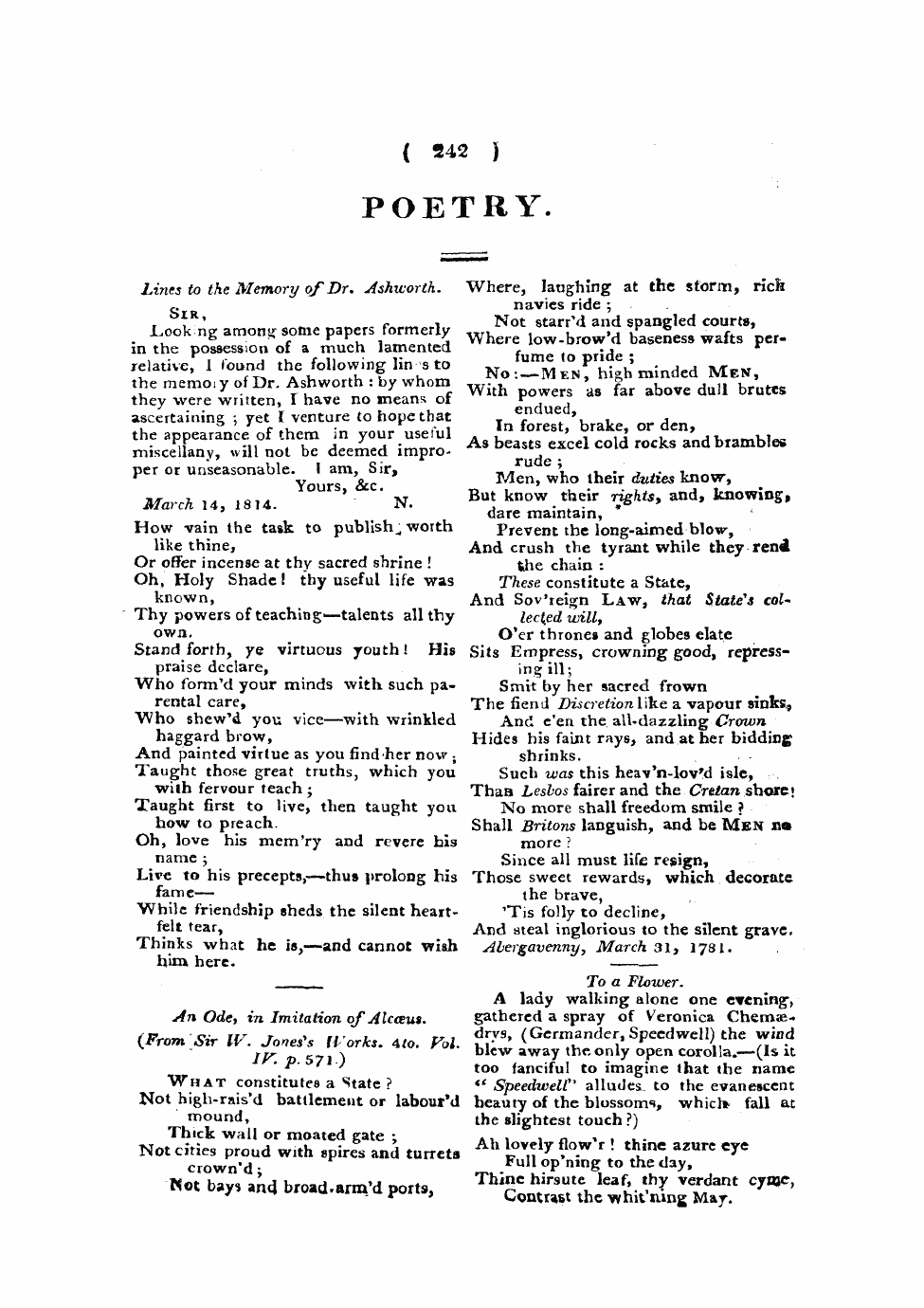 Monthly Repository (1806-1838) and Unitarian Chronicle (1832-1833): F Y, 1st edition - Poetry.