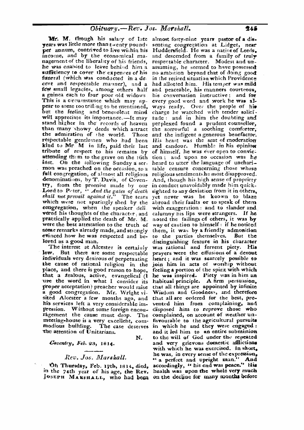 Monthly Repository (1806-1838) and Unitarian Chronicle (1832-1833): F Y, 1st edition - Untitled Article