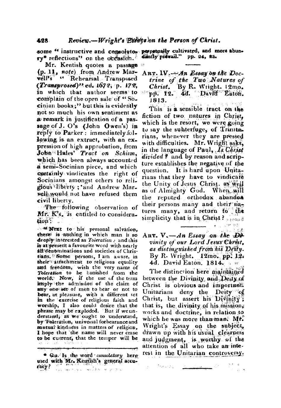 Monthly Repository (1806-1838) and Unitarian Chronicle (1832-1833): F Y, 1st edition - Untitled Article