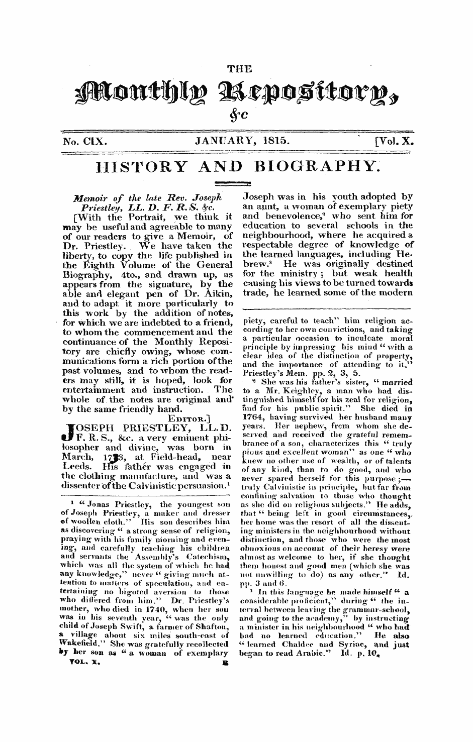 Monthly Repository (1806-1838) and Unitarian Chronicle (1832-1833): F Y, 1st edition - History And Biography.