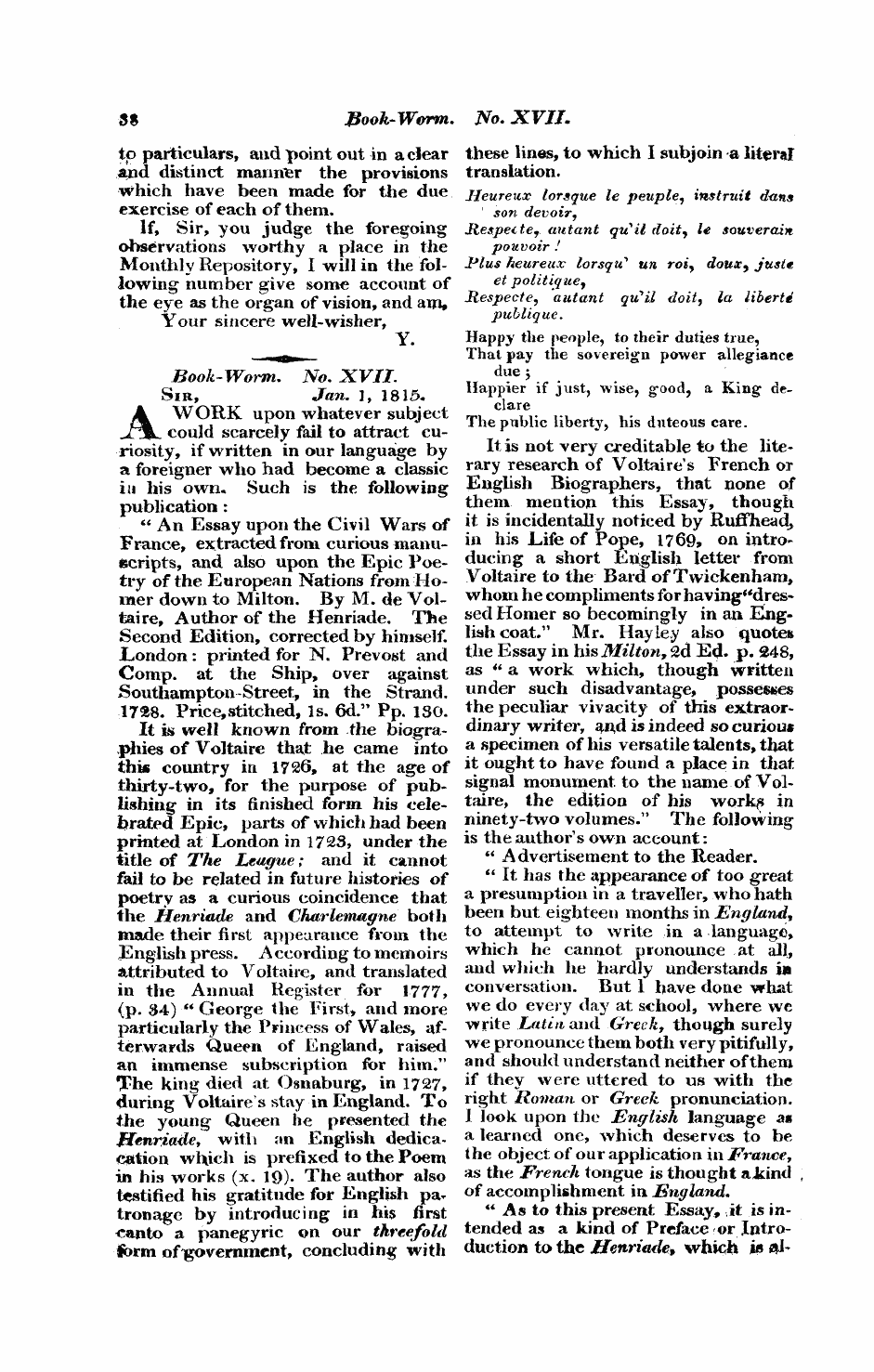 Monthly Repository (1806-1838) and Unitarian Chronicle (1832-1833): F Y, 1st edition - Untitled Article