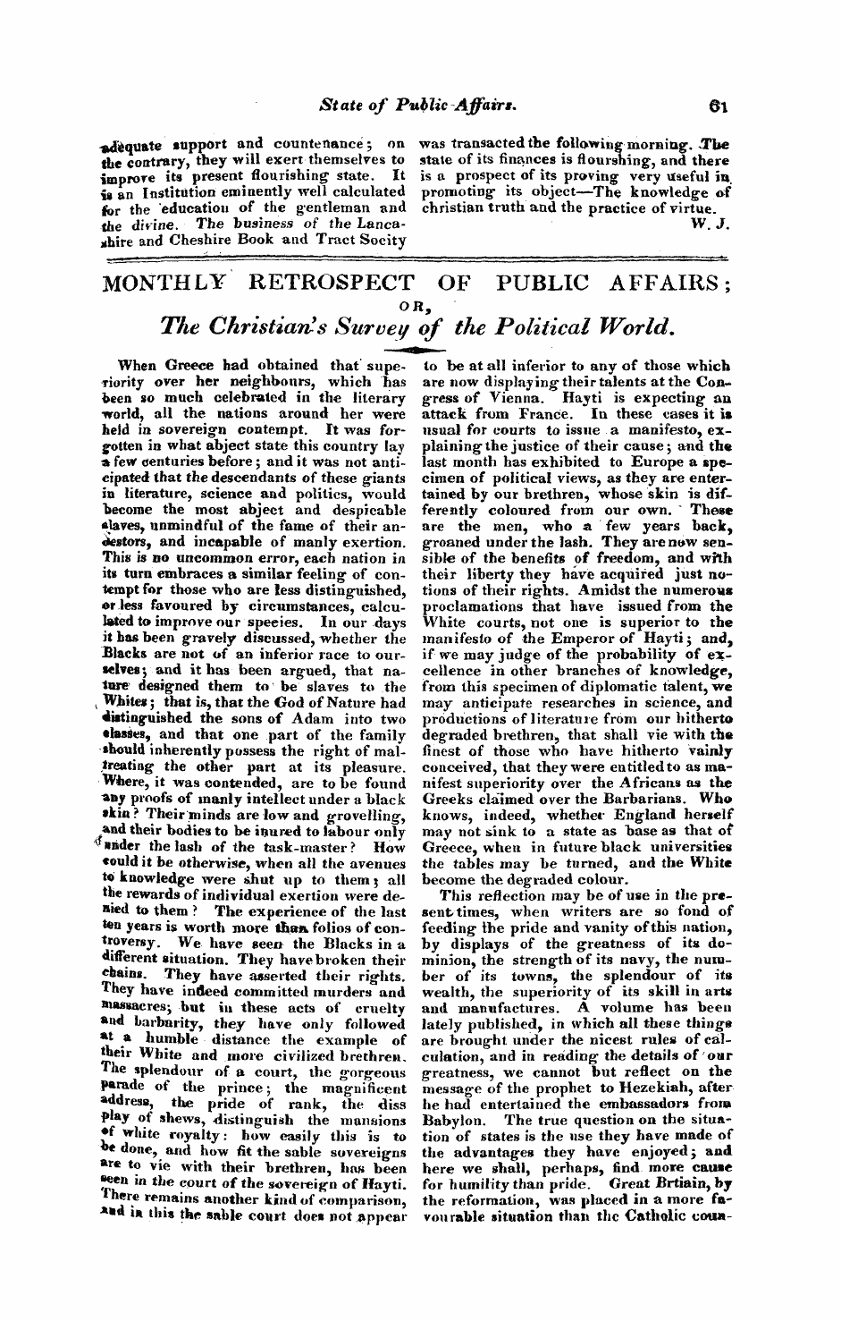 Monthly Repository (1806-1838) and Unitarian Chronicle (1832-1833): F Y, 1st edition - Monthly Retrospect Of Public Affairs; Or, The Christianas Survey Of The Political World.