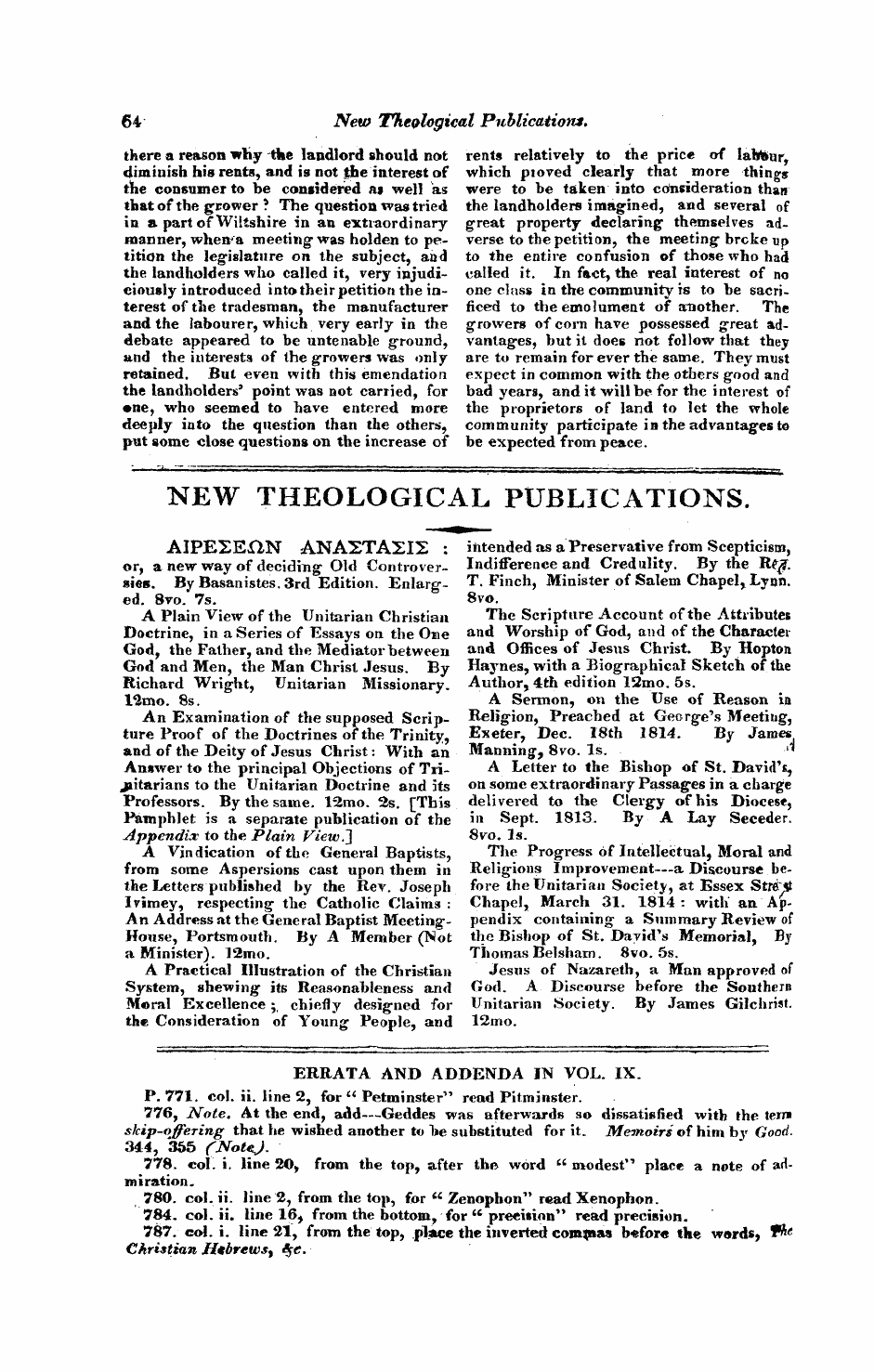 Monthly Repository (1806-1838) and Unitarian Chronicle (1832-1833): F Y, 1st edition - New Theological Publications.