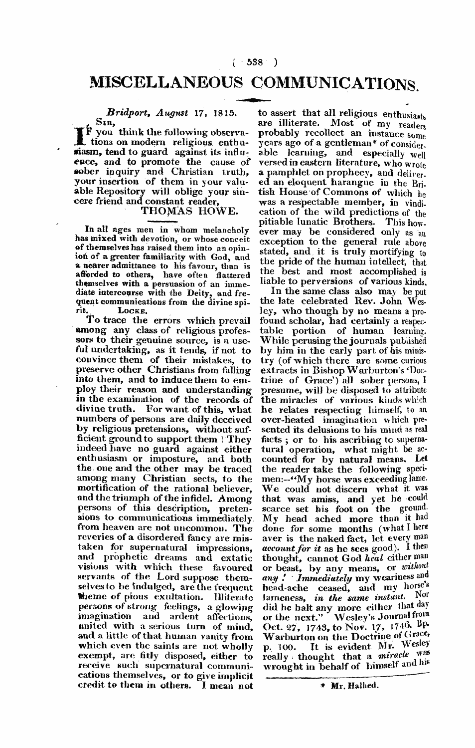 Monthly Repository (1806-1838) and Unitarian Chronicle (1832-1833): F Y, 1st edition - Untitled Article