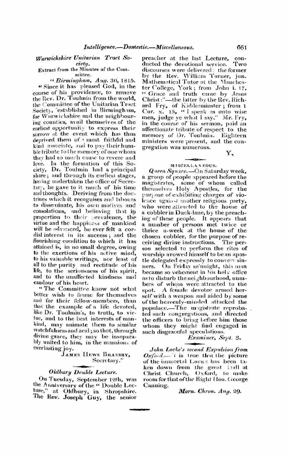 Monthly Repository (1806-1838) and Unitarian Chronicle (1832-1833): F Y, 1st edition - Untitled Article