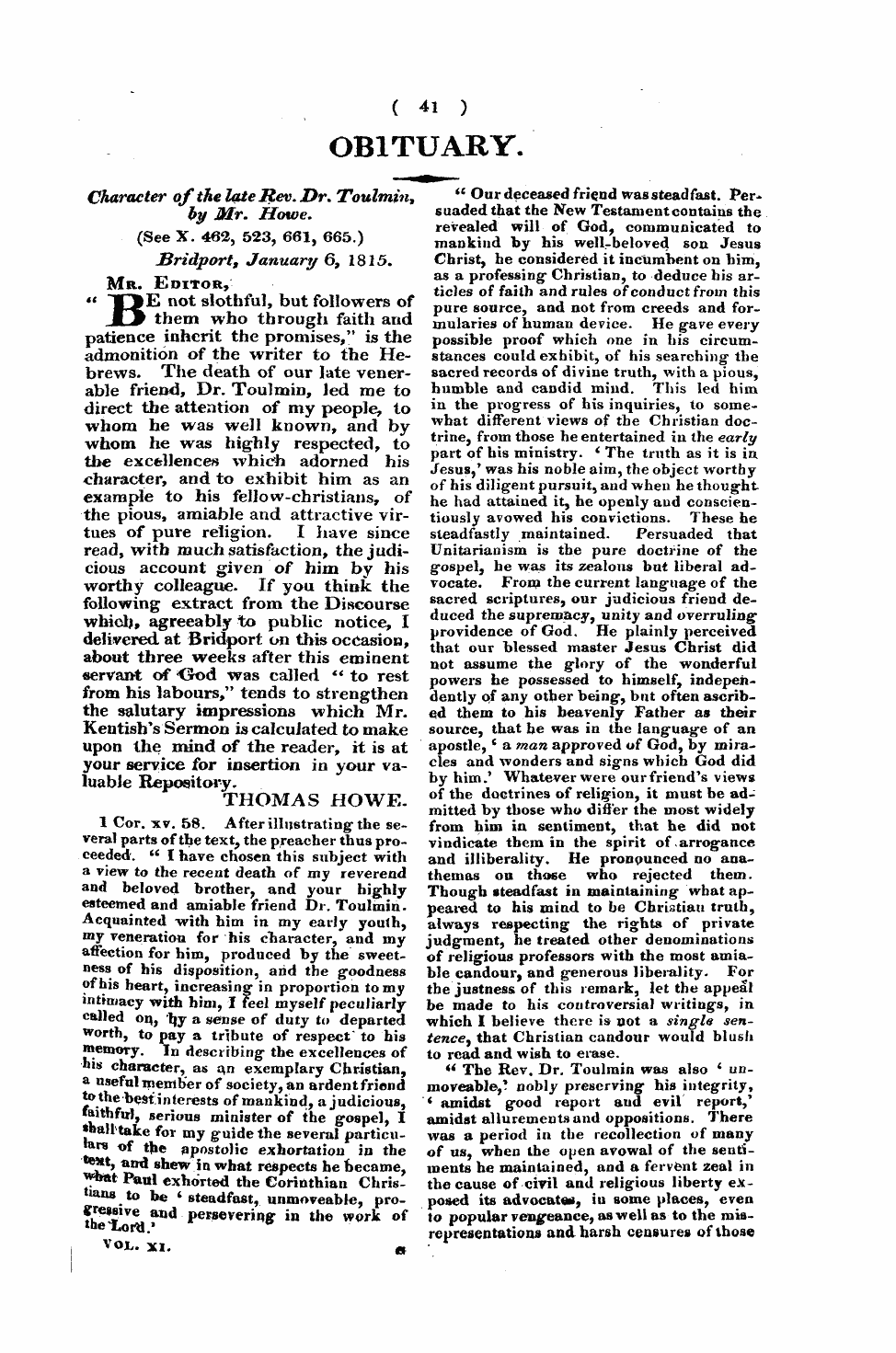 Monthly Repository (1806-1838) and Unitarian Chronicle (1832-1833): F Y, 1st edition - Obituary.