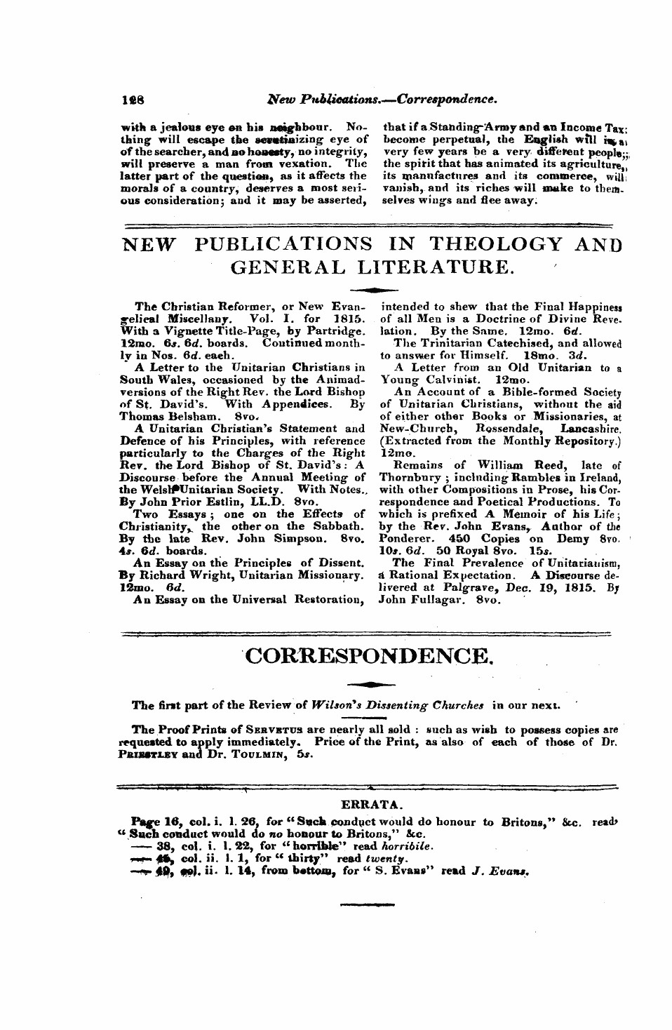 Monthly Repository (1806-1838) and Unitarian Chronicle (1832-1833): F Y, 1st edition - New Publications In Theology And General Literature.