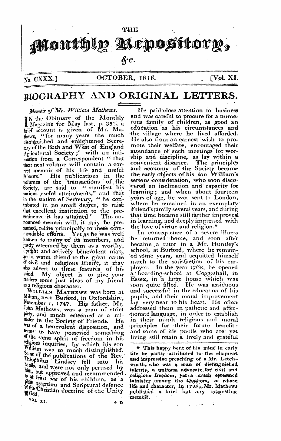 Monthly Repository (1806-1838) and Unitarian Chronicle (1832-1833): F Y, 1st edition - Biography And Original Letters.