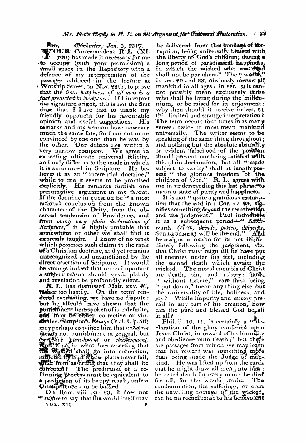 Monthly Repository (1806-1838) and Unitarian Chronicle (1832-1833): F Y, 1st edition - Untitled Article