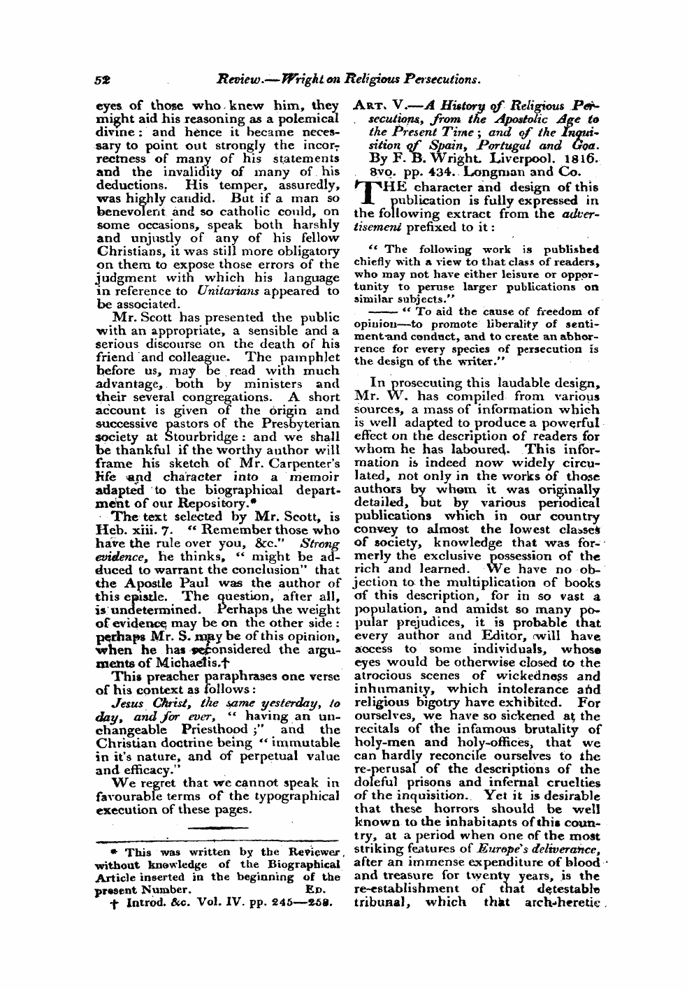 Monthly Repository (1806-1838) and Unitarian Chronicle (1832-1833): F Y, 1st edition - Untitled Article