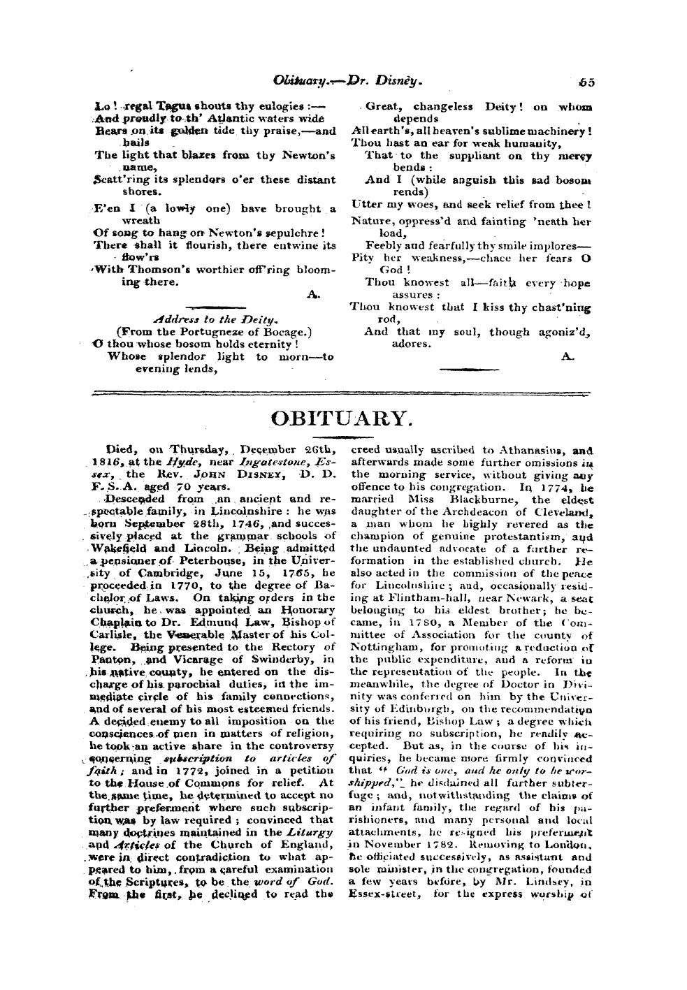 Monthly Repository (1806-1838) and Unitarian Chronicle (1832-1833): F Y, 1st edition - Obituary.