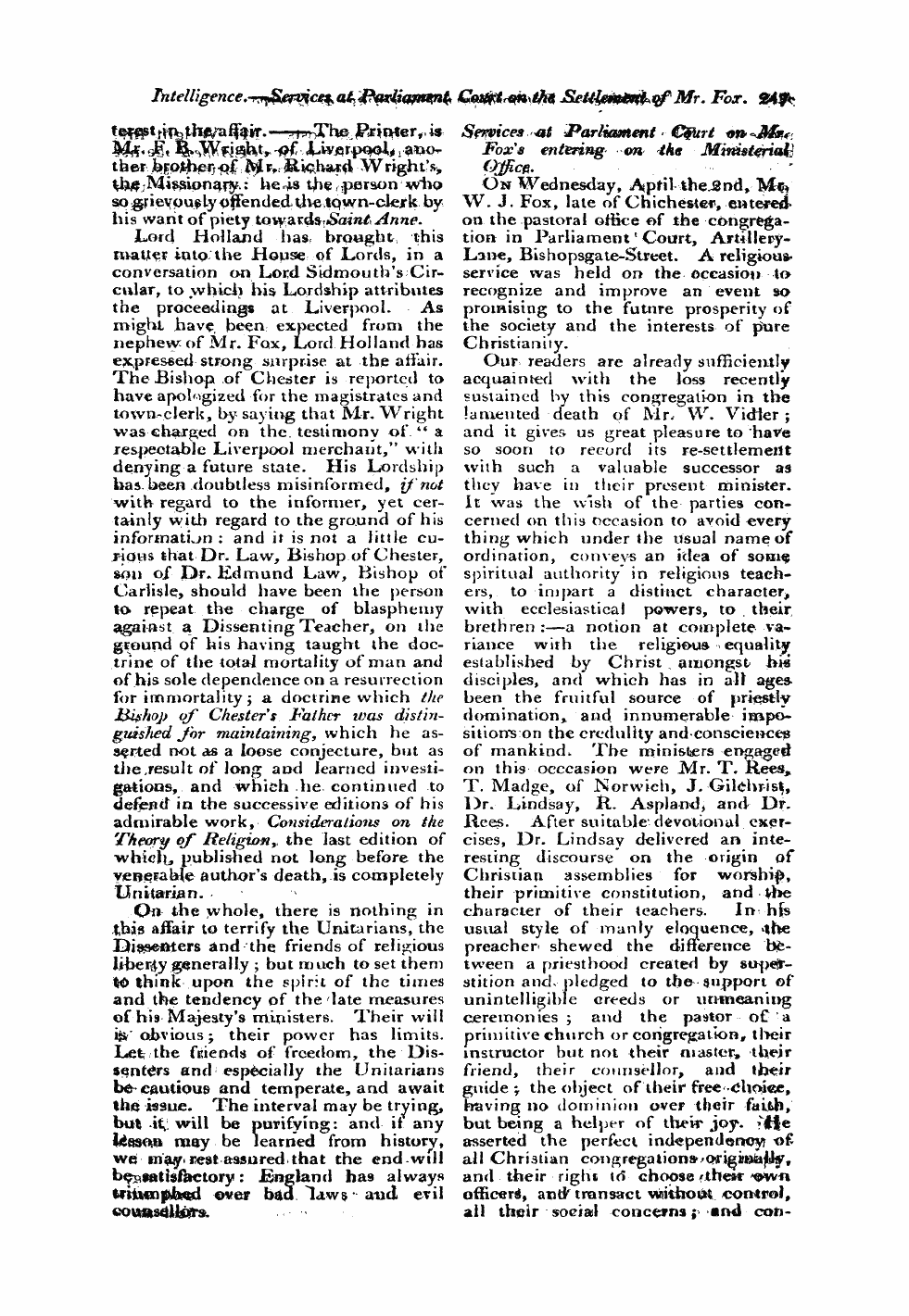 Monthly Repository (1806-1838) and Unitarian Chronicle (1832-1833): F Y, 1st edition - Untitled Article