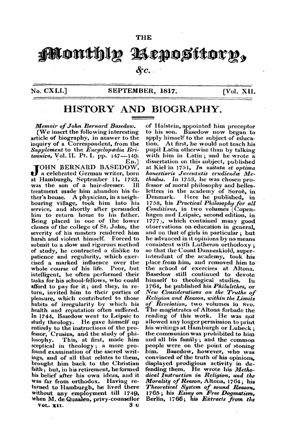 Monthly Repository (1806-1838) and Unitarian Chronicle (1832-1833): F Y, 1st edition - Untitled Article