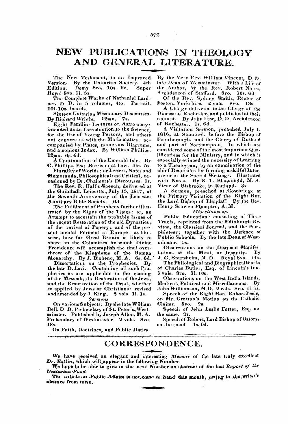 Monthly Repository (1806-1838) and Unitarian Chronicle (1832-1833): F Y, 1st edition - C O R R Es P O N D En C E.
