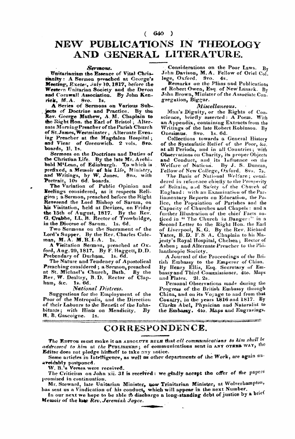 Monthly Repository (1806-1838) and Unitarian Chronicle (1832-1833): F Y, 1st edition - 1 ¦ 1 — ¦ .'.. '' * ' '" 7 "1 . * ¦' . ' ' ' ** ' ¦* I. &Lt;. *^ ' ^ Rf . . "T * Correspondence.