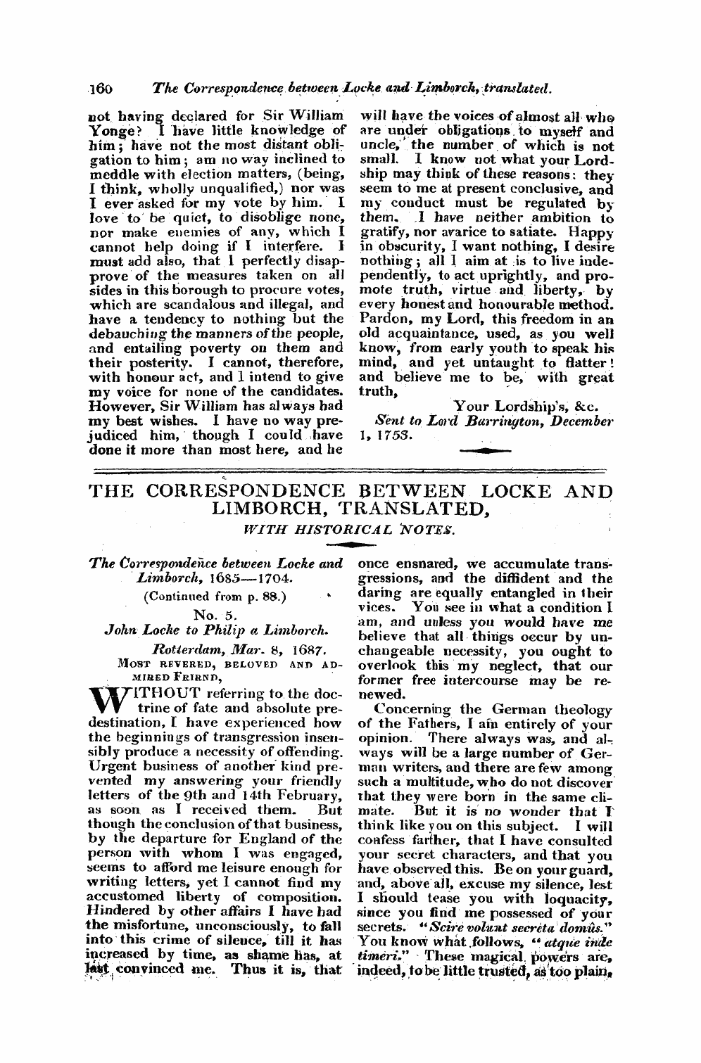 Monthly Repository (1806-1838) and Unitarian Chronicle (1832-1833): F Y, 1st edition - The Correspondence Between Locke And Limborch, Translated, With Historical 'Notes.