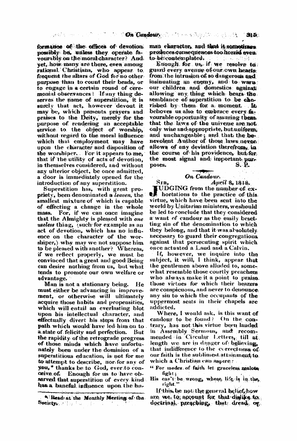 Monthly Repository (1806-1838) and Unitarian Chronicle (1832-1833): F Y, 1st edition - Untitled Article