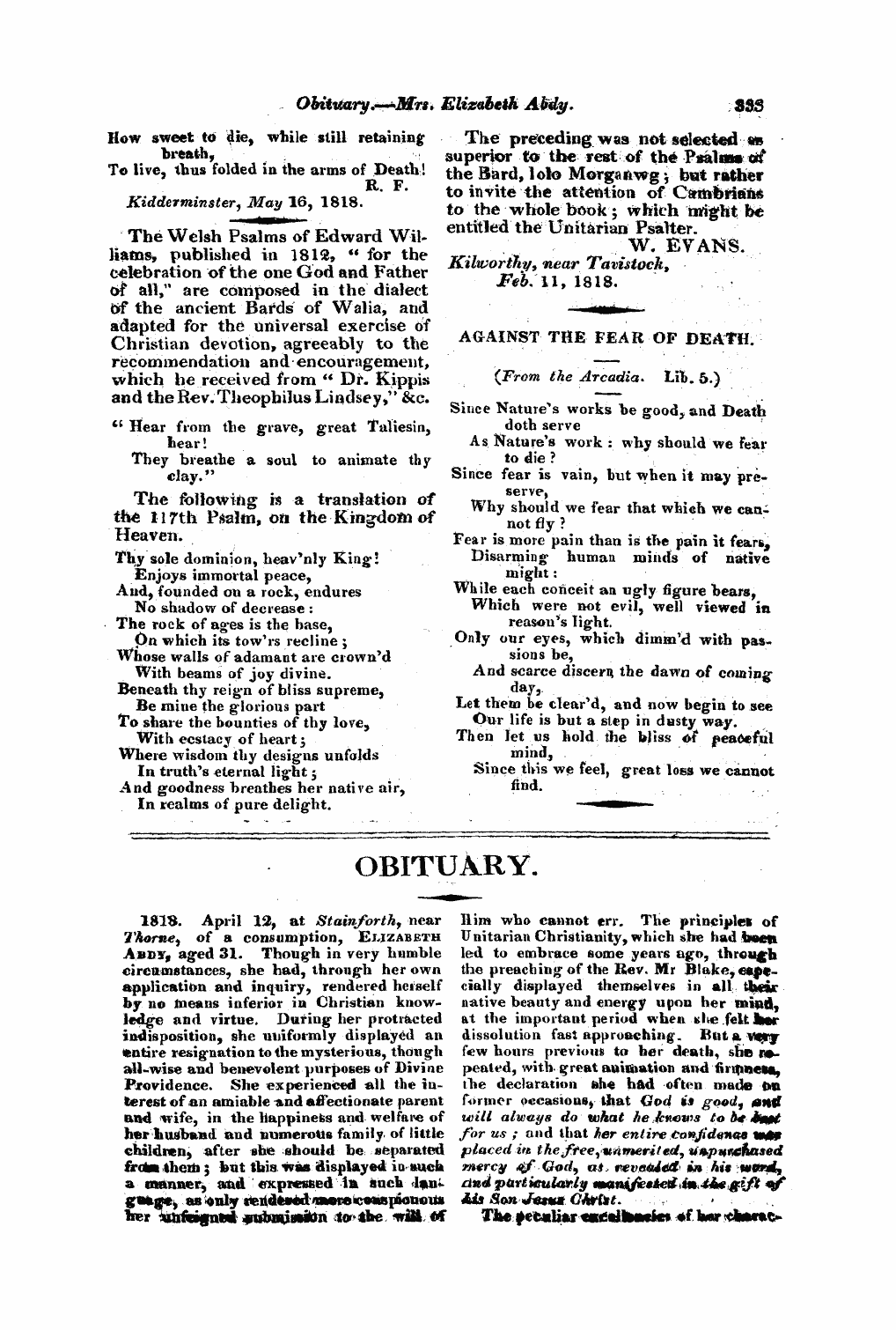 Monthly Repository (1806-1838) and Unitarian Chronicle (1832-1833): F Y, 1st edition - Untitled Article