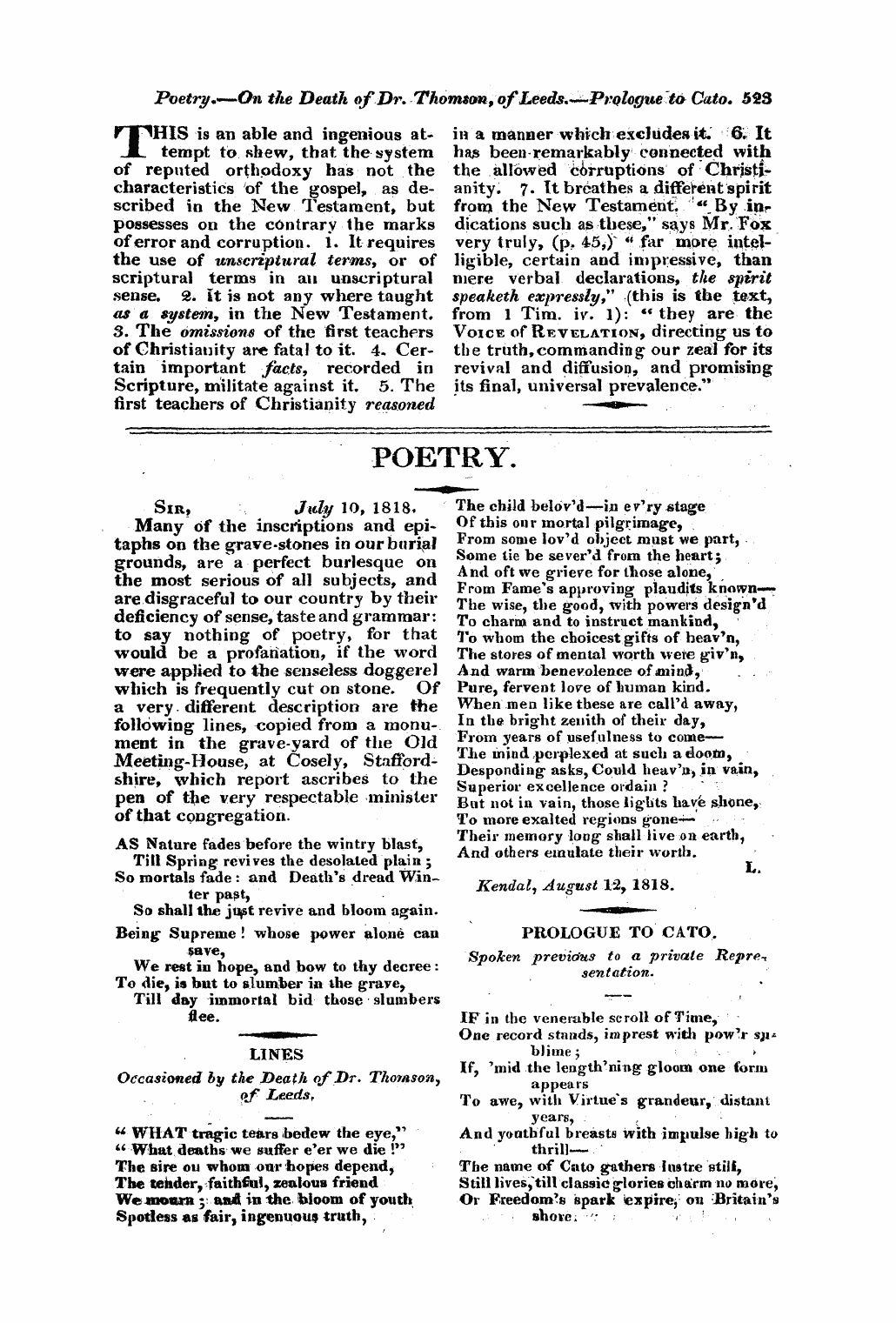 Monthly Repository (1806-1838) and Unitarian Chronicle (1832-1833): F Y, 1st edition - Untitled Article