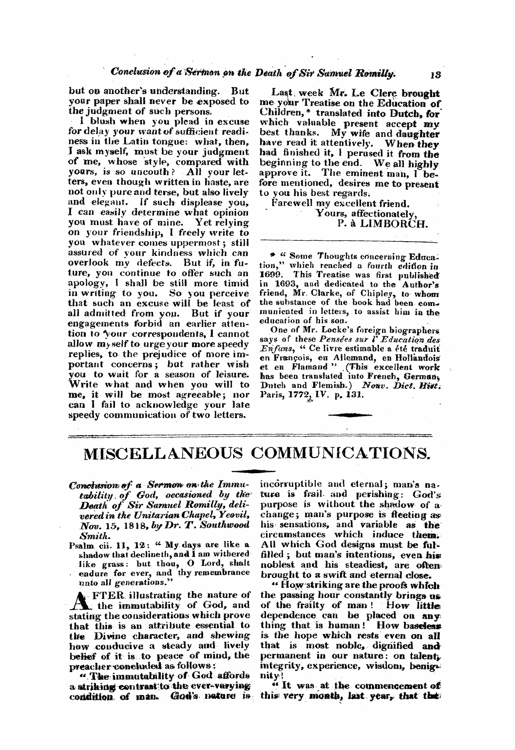 Monthly Repository (1806-1838) and Unitarian Chronicle (1832-1833): F Y, 1st edition - Miscellaneous Communications