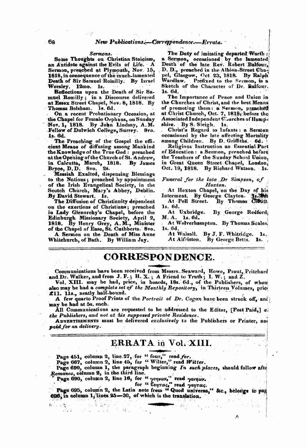 Monthly Repository (1806-1838) and Unitarian Chronicle (1832-1833): F Y, 1st edition - 1 1 - 1 ¦ 1 T 1 • ¦ Correspondence.