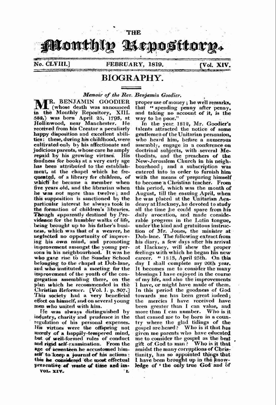 Monthly Repository (1806-1838) and Unitarian Chronicle (1832-1833): F Y, 1st edition, Supplement: 1