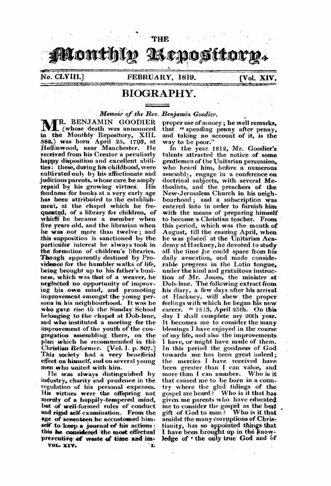 Monthly Repository (1806-1838) and Unitarian Chronicle (1832-1833): F Y, 1st edition - Untitled Article