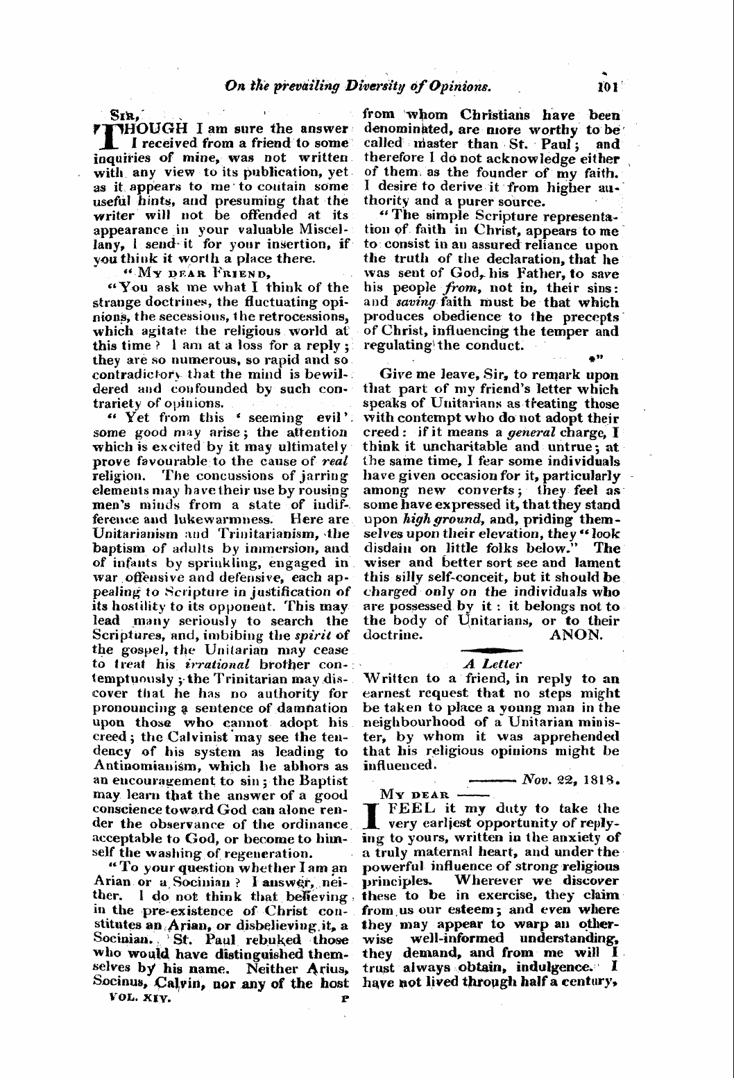 Monthly Repository (1806-1838) and Unitarian Chronicle (1832-1833): F Y, 1st edition, Supplement - On The Prevailing Diversity Of Opinions....