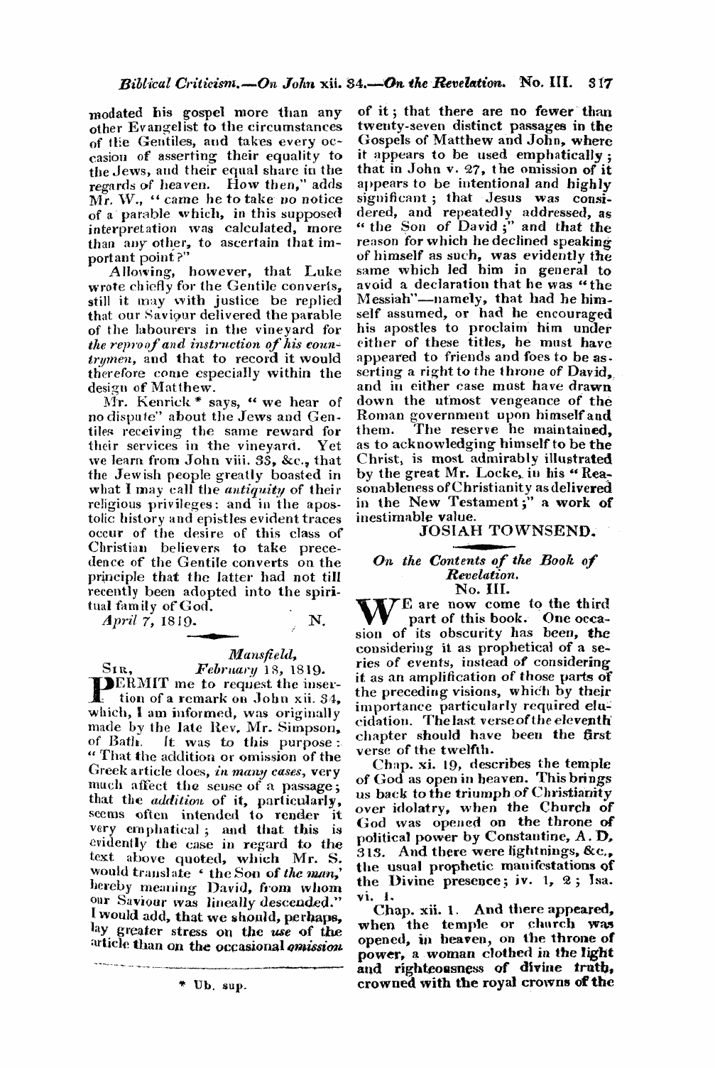 Monthly Repository (1806-1838) and Unitarian Chronicle (1832-1833): F Y, 1st edition - Untitled Article