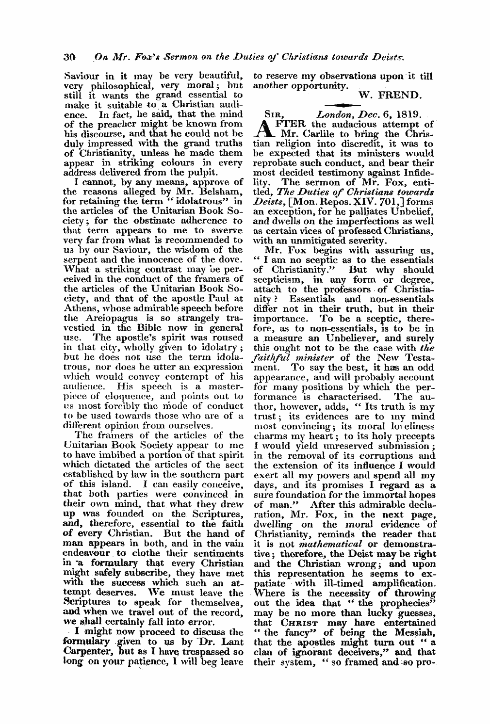 Monthly Repository (1806-1838) and Unitarian Chronicle (1832-1833): F Y, 1st edition: 30