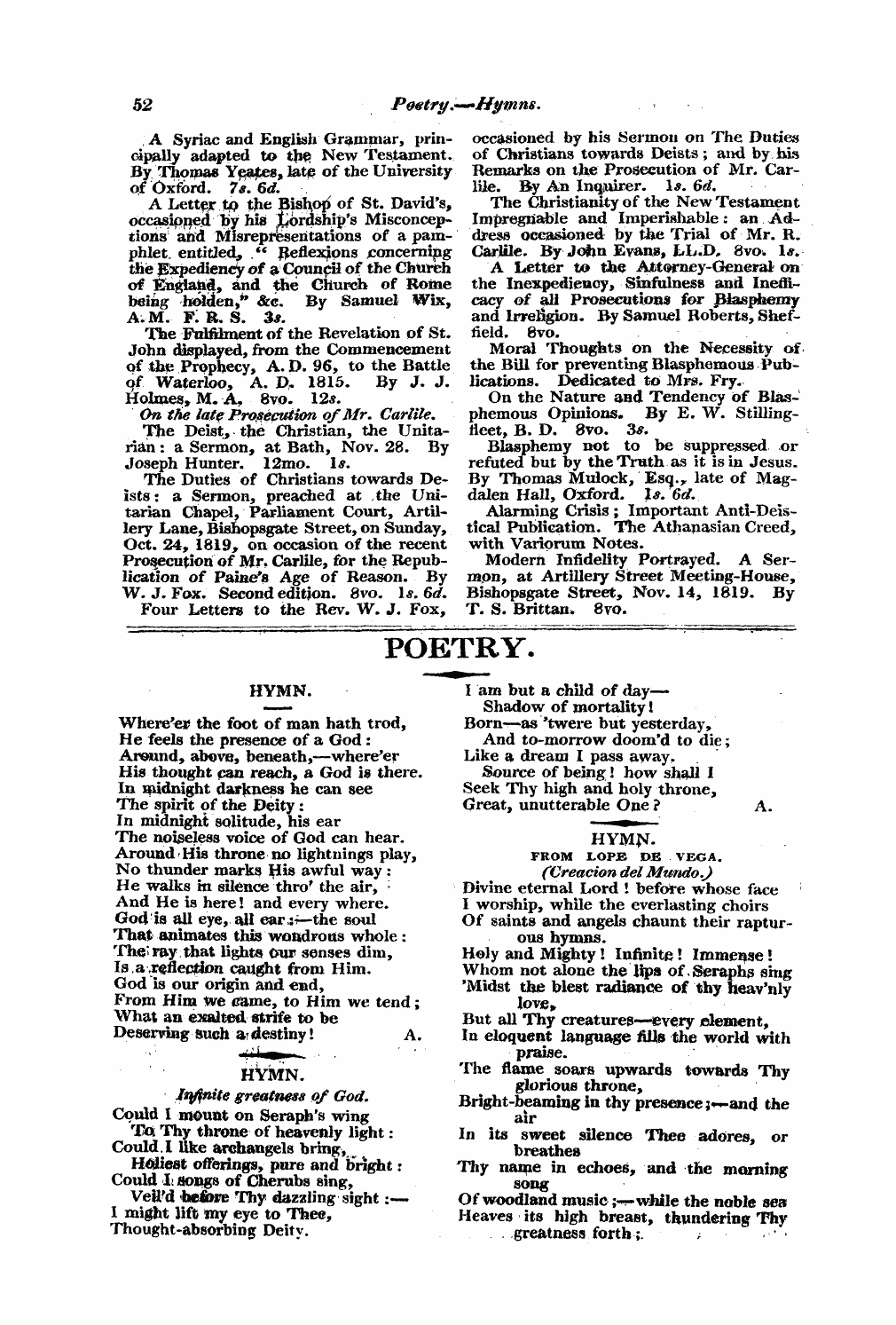 Monthly Repository (1806-1838) and Unitarian Chronicle (1832-1833): F Y, 1st edition - Untitled Article