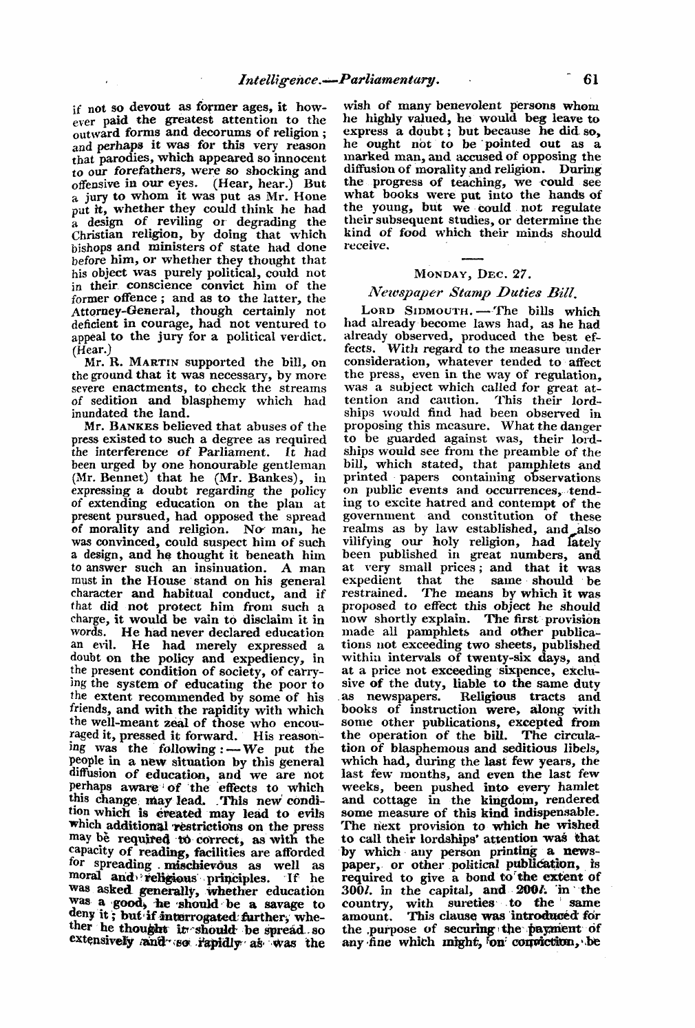 Monthly Repository (1806-1838) and Unitarian Chronicle (1832-1833): F Y, 1st edition: 61