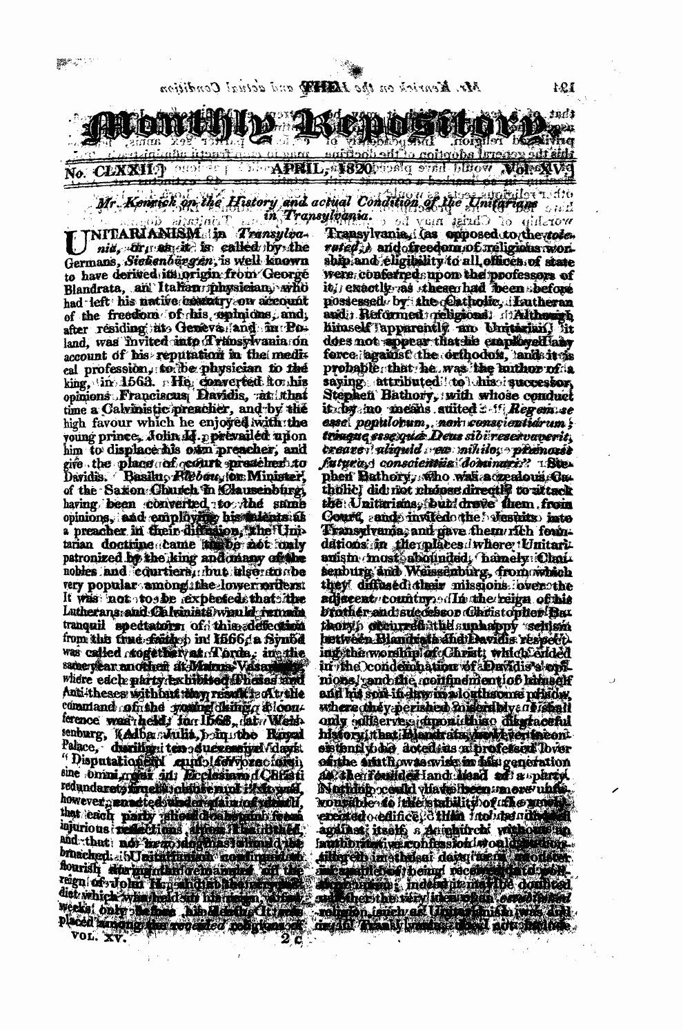 Monthly Repository (1806-1838) and Unitarian Chronicle (1832-1833): F Y, 1st edition - Untitled Article