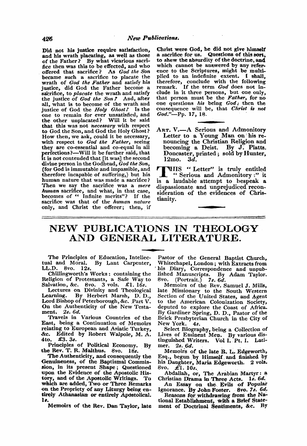 Monthly Repository (1806-1838) and Unitarian Chronicle (1832-1833): F Y, 1st edition - New Publications In Theology And General Literature.