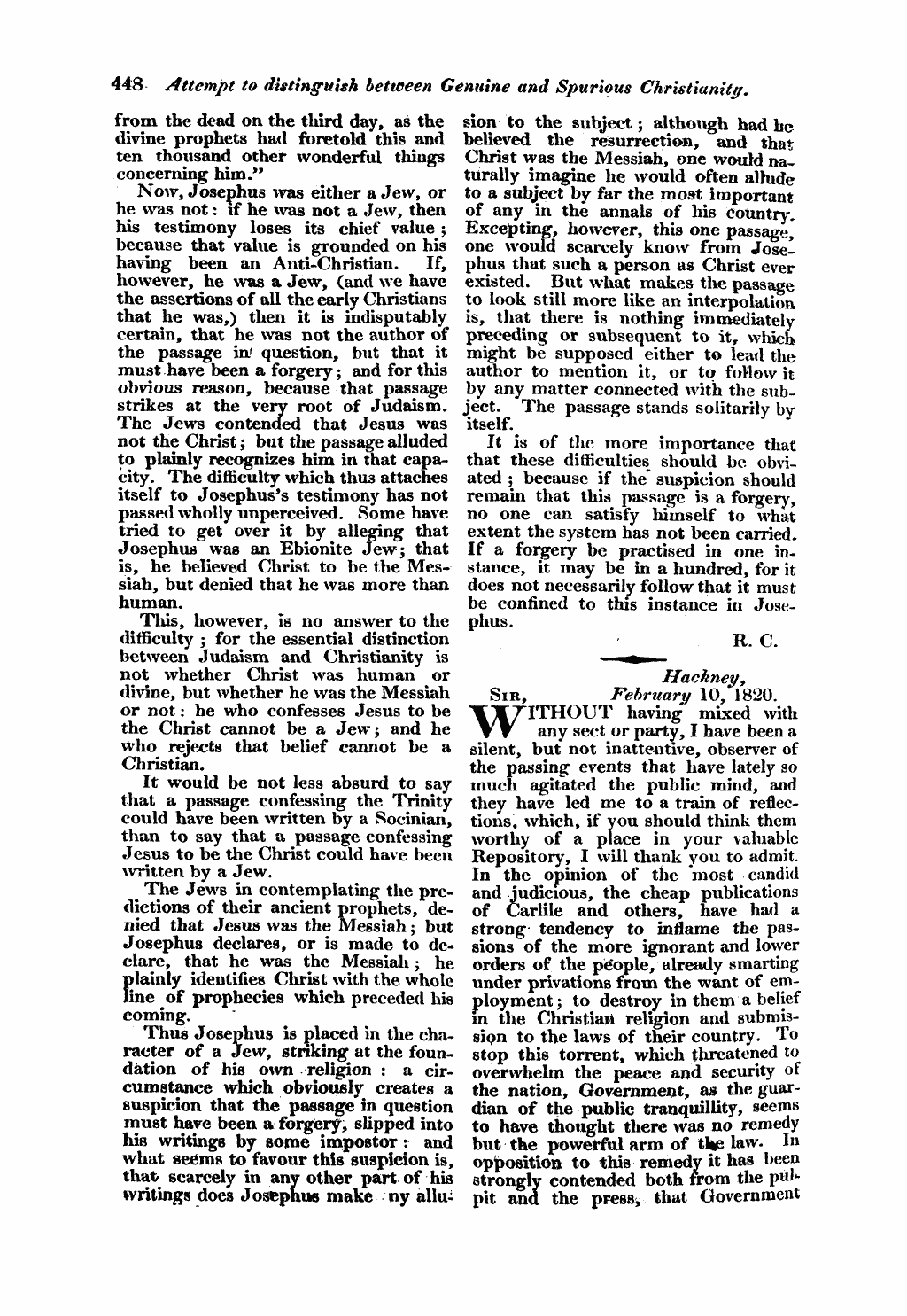 Monthly Repository (1806-1838) and Unitarian Chronicle (1832-1833): F Y, 1st edition - Untitled Article