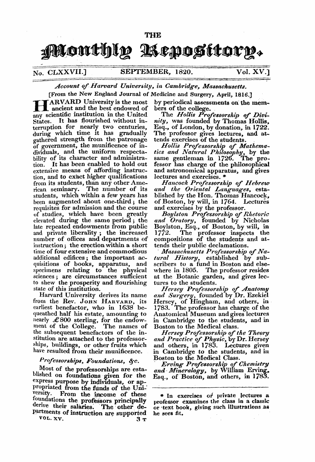 Monthly Repository (1806-1838) and Unitarian Chronicle (1832-1833): F Y, 1st edition - Account Of Harvard University, In Cambridge, Massachusetts. [From The New England Journal Of Medicine And Surgery, April, 1816.]