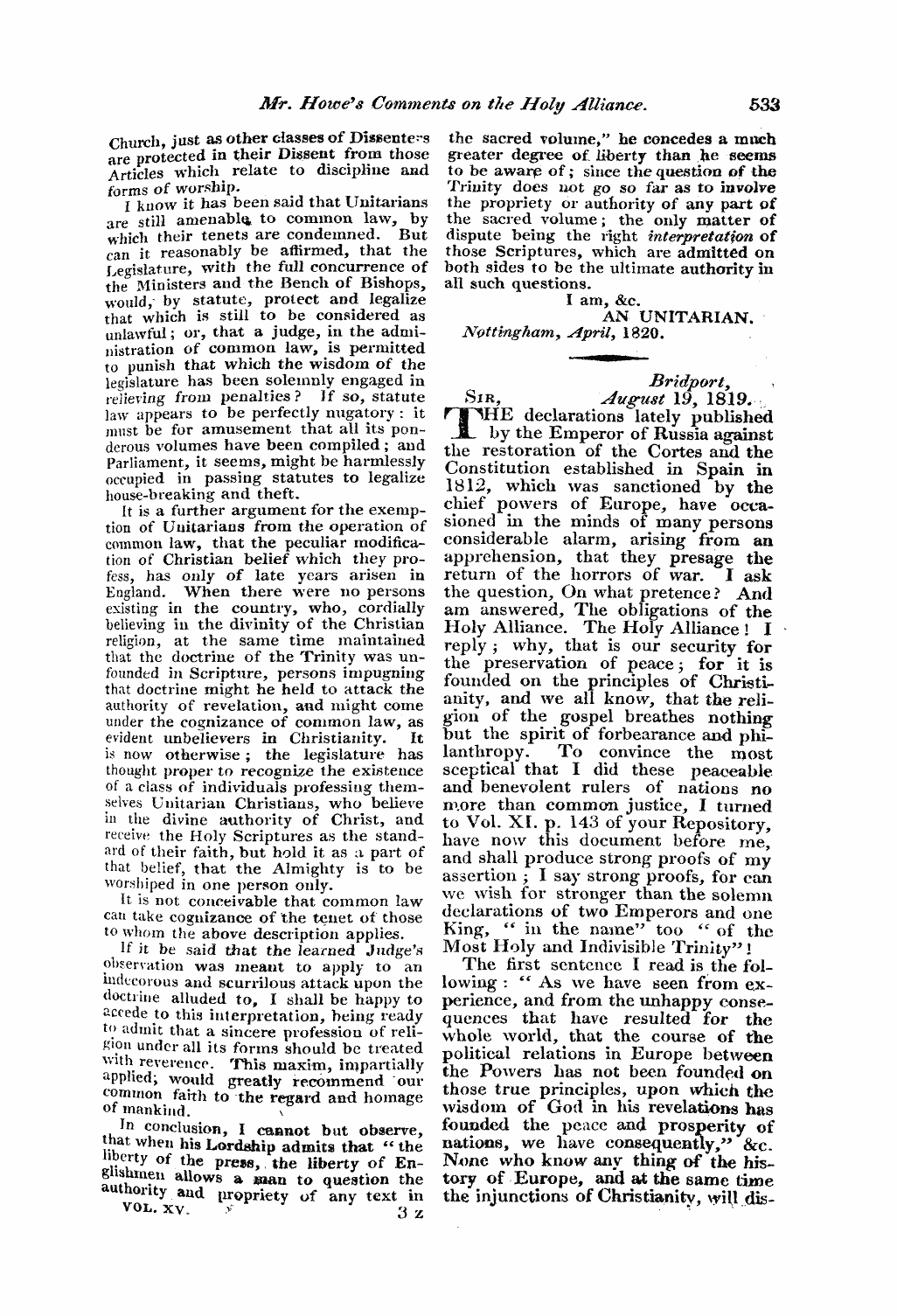 Monthly Repository (1806-1838) and Unitarian Chronicle (1832-1833): F Y, 1st edition - Untitled Article