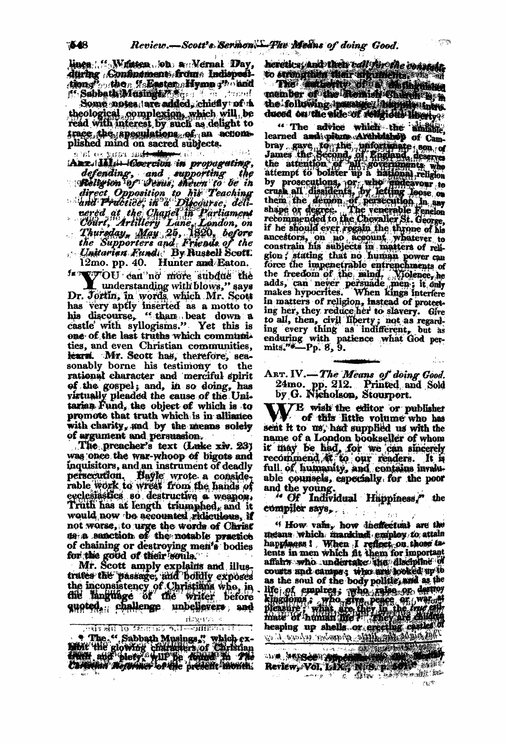 Monthly Repository (1806-1838) and Unitarian Chronicle (1832-1833): F Y, 1st edition - Untitled Article