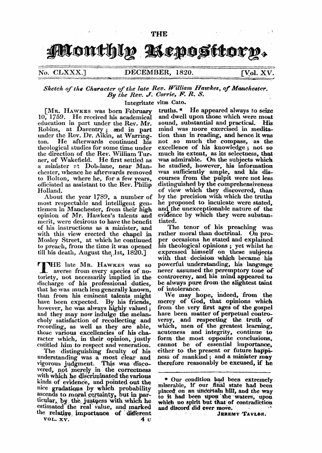 Monthly Repository (1806-1838) and Unitarian Chronicle (1832-1833): F Y, 1st edition - Untitled Article