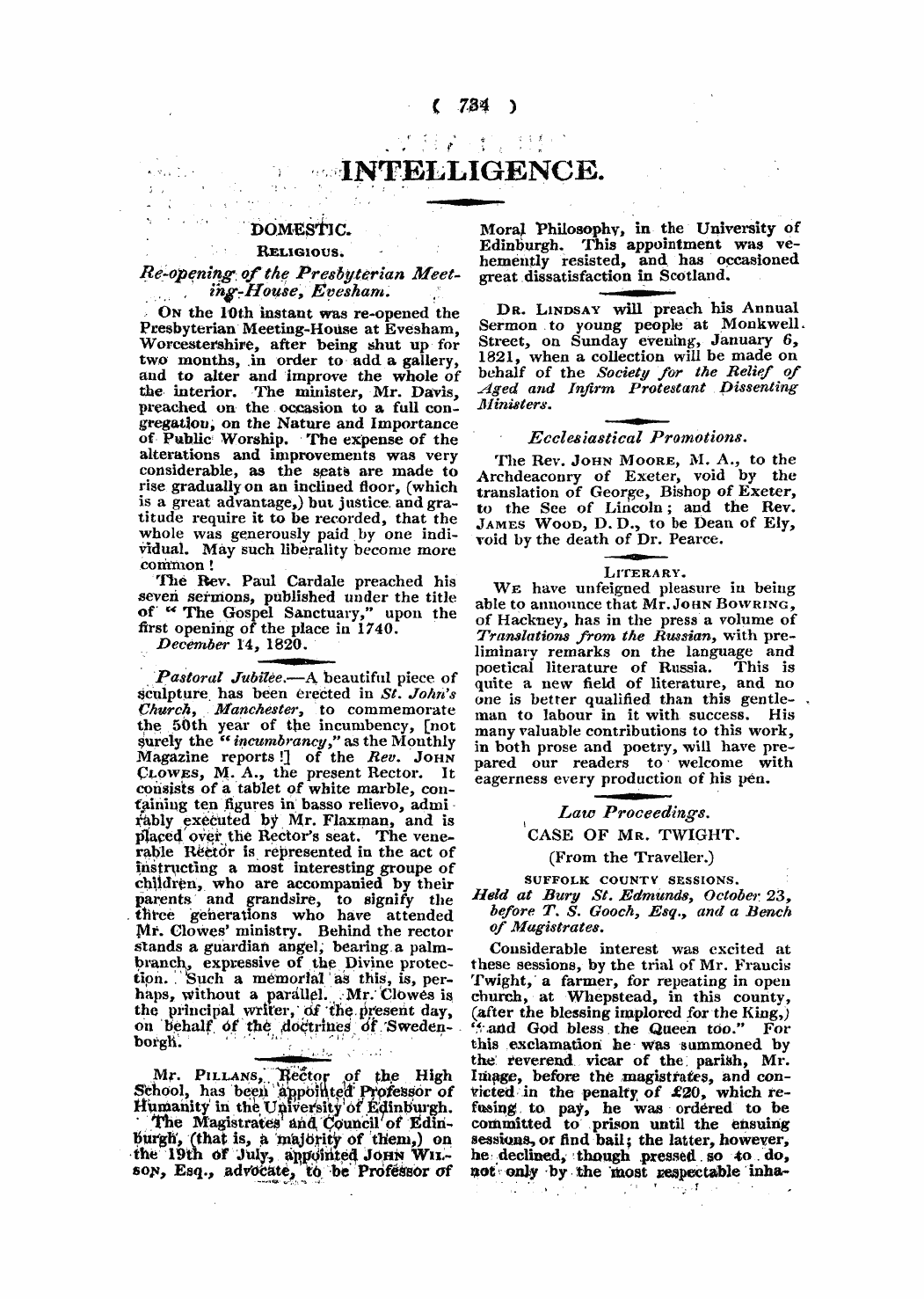 Monthly Repository (1806-1838) and Unitarian Chronicle (1832-1833): F Y, 1st edition - Intelligence.