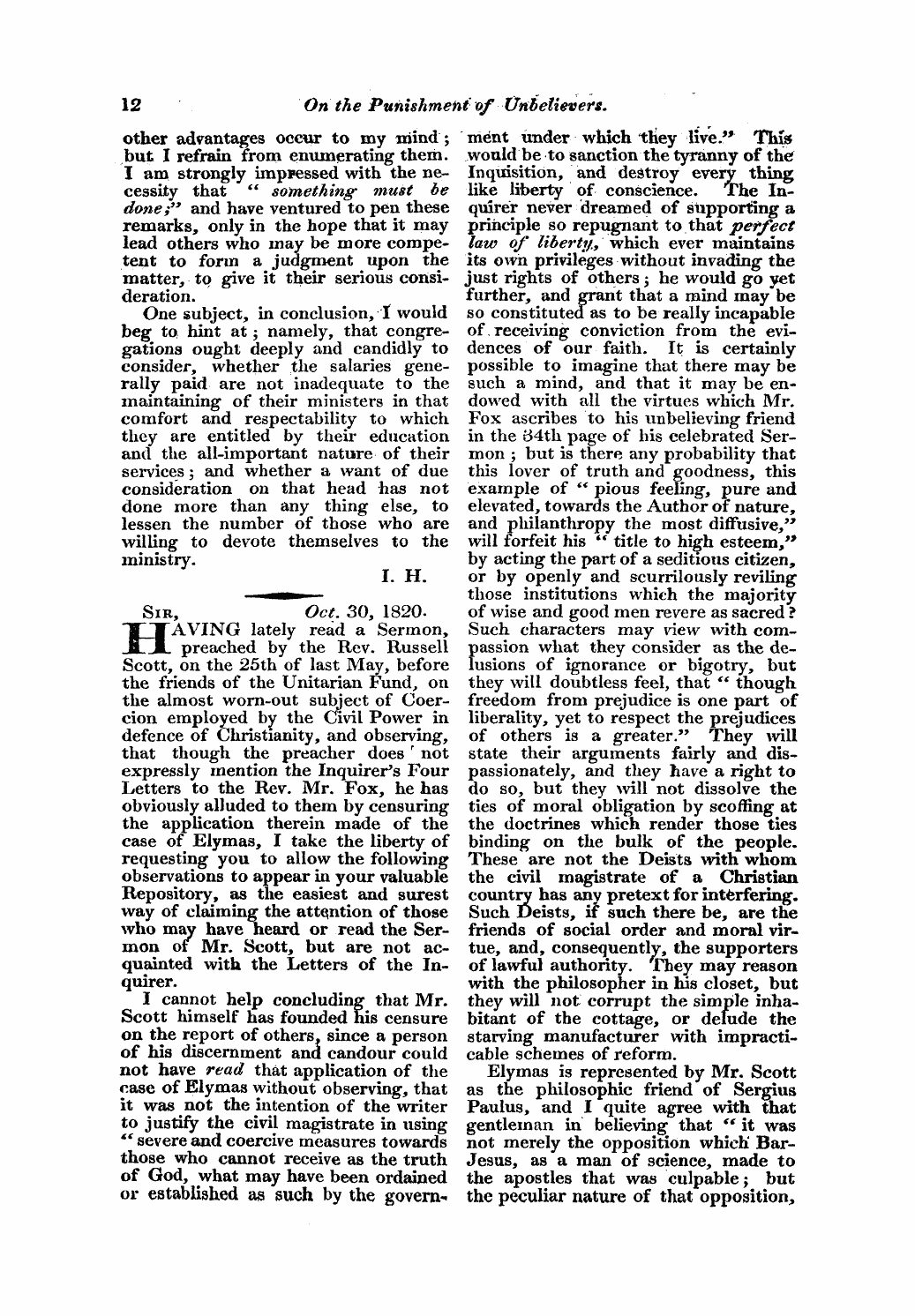 Monthly Repository (1806-1838) and Unitarian Chronicle (1832-1833): F Y, 1st edition - Untitled Article